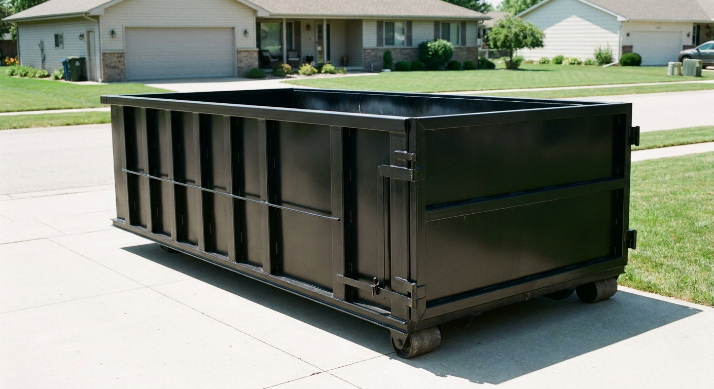Matte-black 10-yard roll-off dumpster on a residential concrete driveway in Chico, uniformly painted matte black across every panel and rail, ribbed steel sidewalls and rear swing door visible, mid-day daylight.