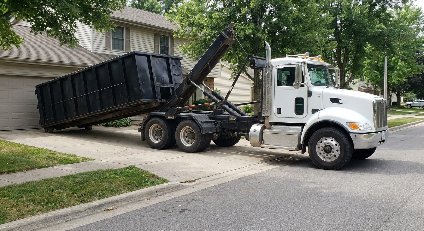 White-cab hooklift roll-off truck actively lowering a matte-black dumpster onto a Chico residential concrete driveway, the dumpster's rear wheels touching the driveway as the hoist arm tilts the bed forward, mid-morning daylight.
