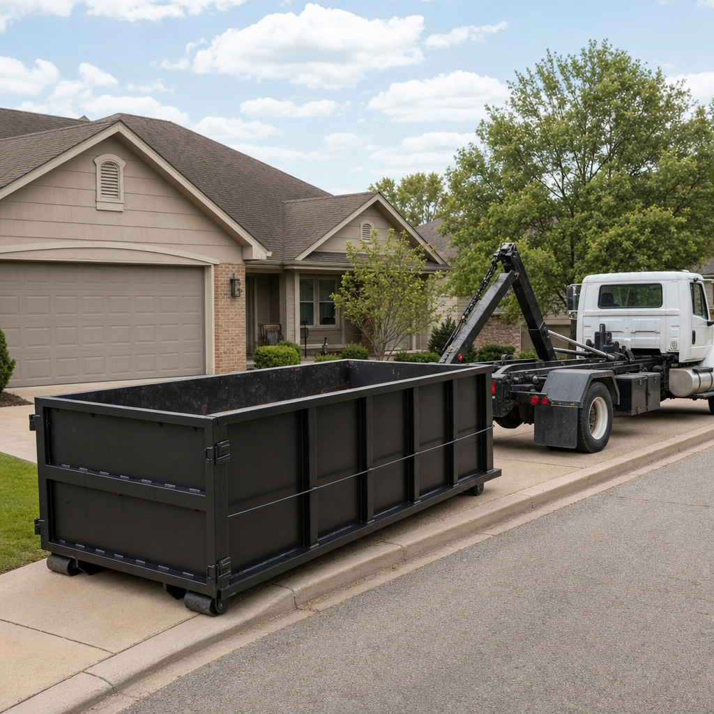 Wide documentary shot of a matte-black roll-off dumpster on a Chico residential driveway in the foreground and a contractor jobsite container in the soft-focus background, bright daylight, calm and orderly composition.