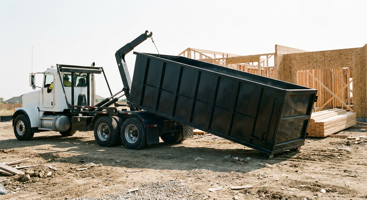 Matte-black roll-off dumpster being delivered onto a clean residential concrete driveway in Chico by an unmarked white hooklift hauler truck, bright morning daylight, documentary 35mm perspective.
